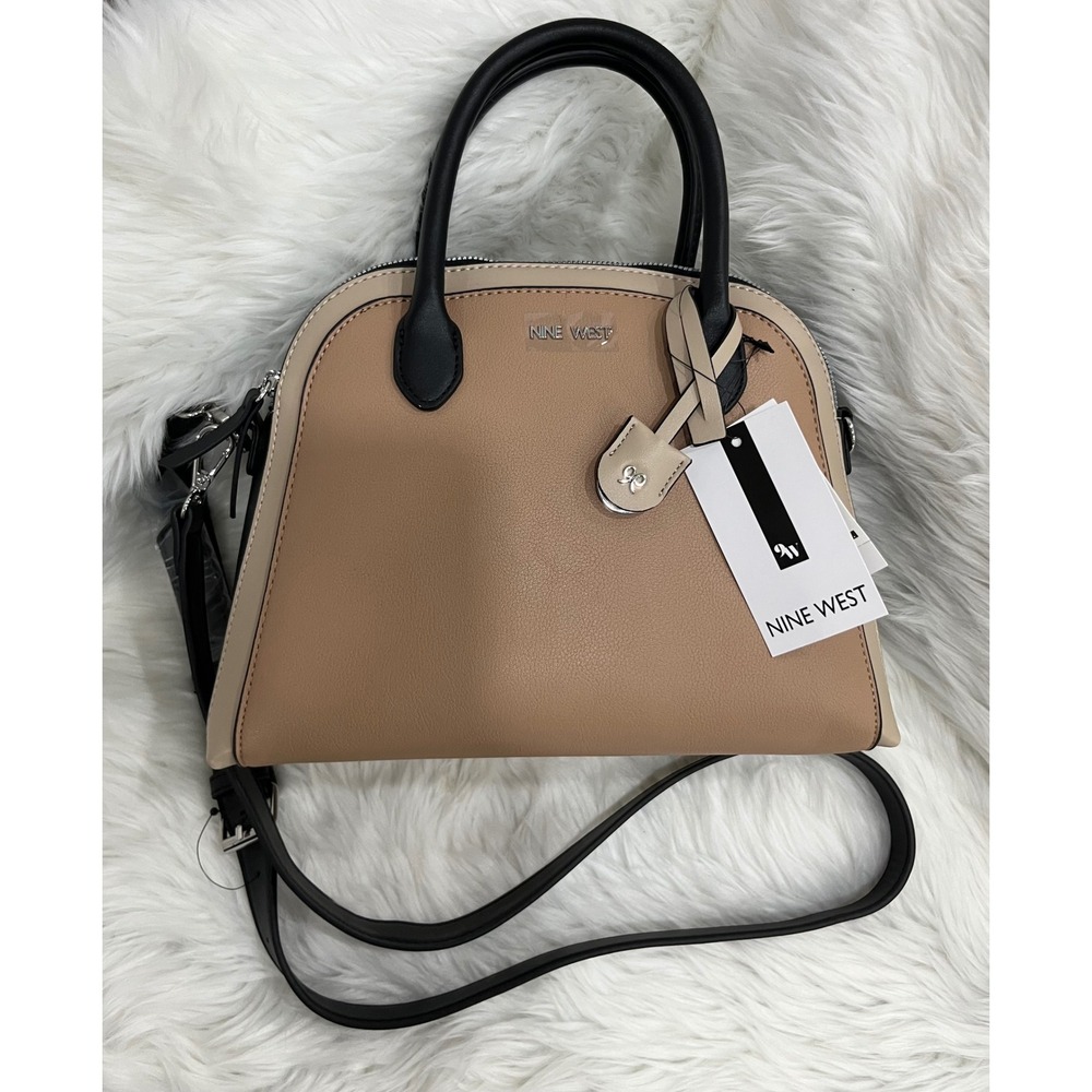 Nine West Women's Satchel Handbag Beige Black Top Handle Crossbody NWT